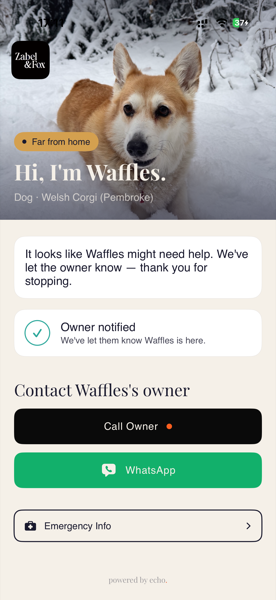 Echo contact screen showing owner notified with Call Owner and WhatsApp options