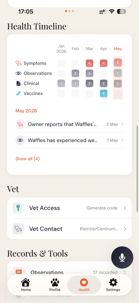 Echo health timeline with symptoms, observations, clinical records and vaccine history